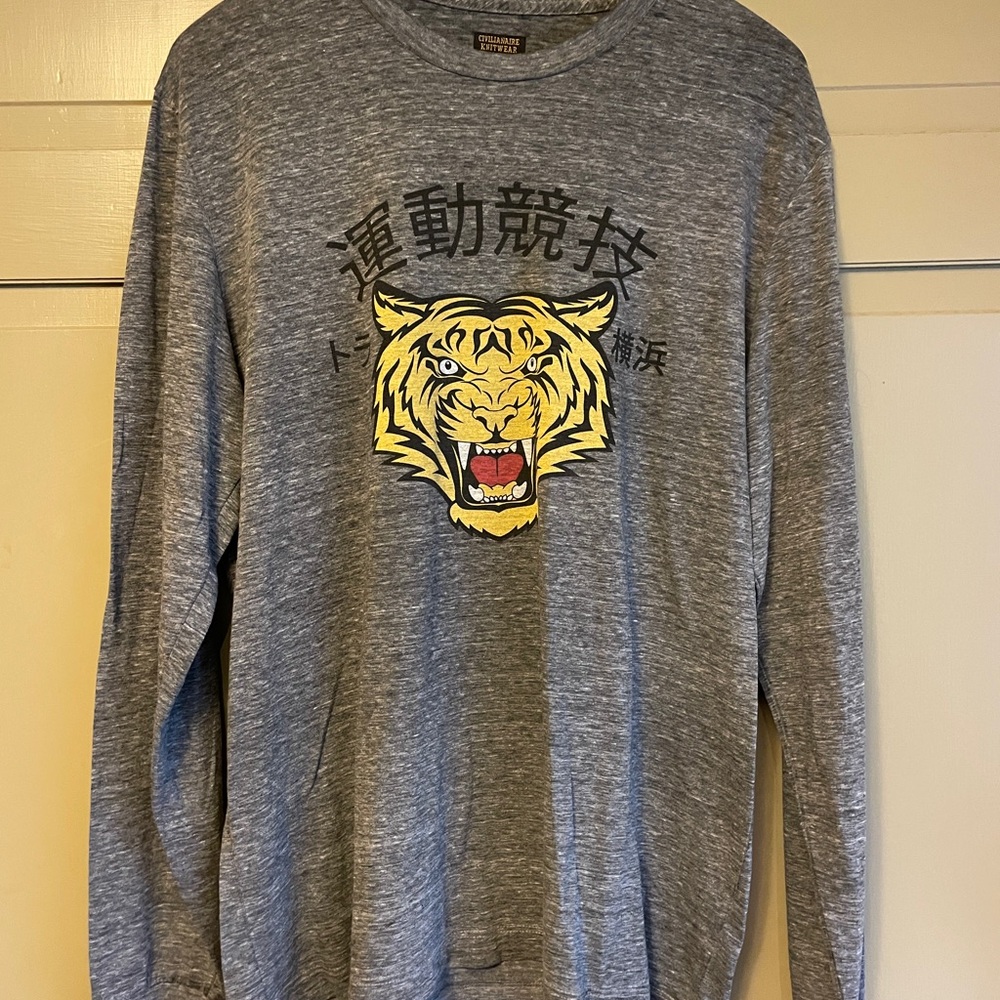 Civilianaire Japanese Yellow Tiger Gray Long Sleeve Graphic Shirt